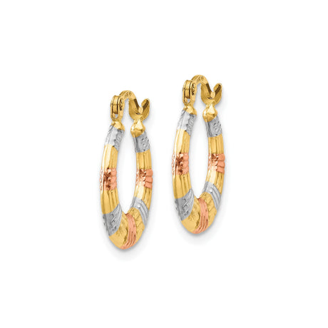 14k Tri Color Gold Hoop Earrings, Textured Round Ribbed Design for Women