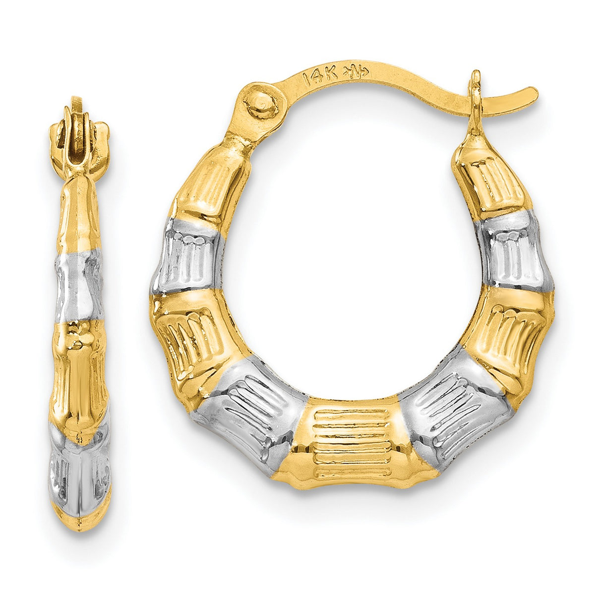 14k Yellow Gold Bamboo Hoop Earrings, Two-Tone Textured Design for Women