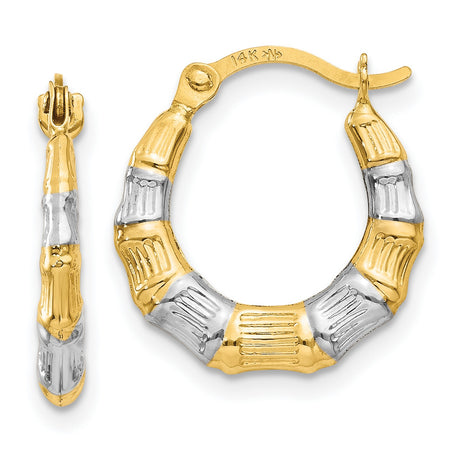14k Yellow Gold Bamboo Hoop Earrings, Two-Tone Textured Design for Women