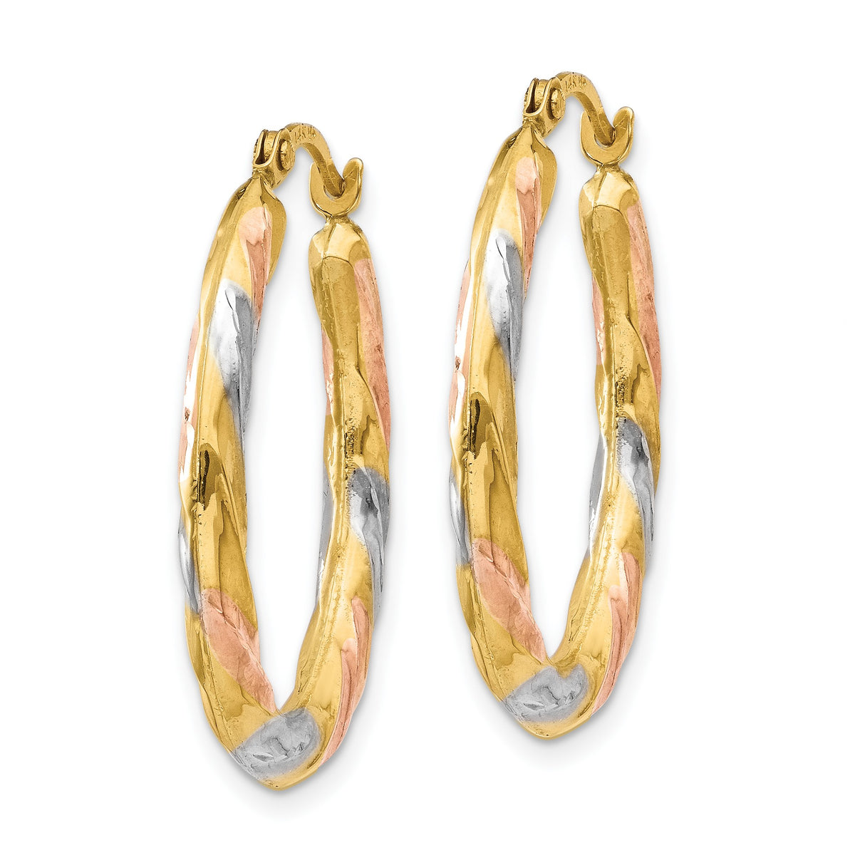 14k Tri-Color Gold Twisted Oval Hoop Earrings with Polished Finish for Women
