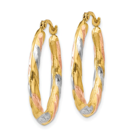 14k Tri-Color Gold Twisted Oval Hoop Earrings with Polished Finish for Women
