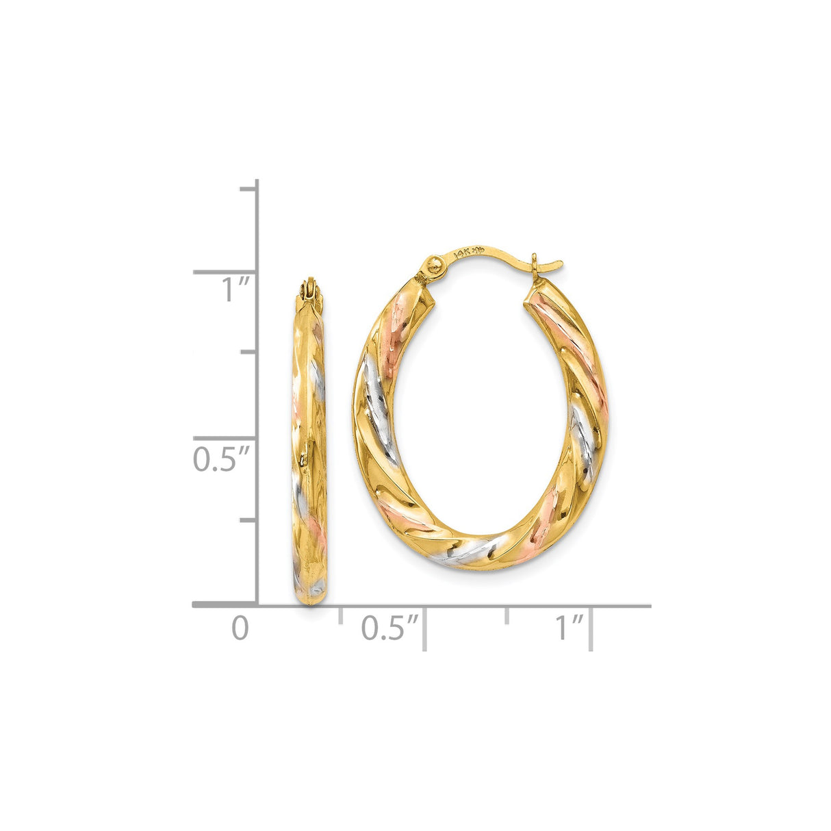 14k Tri-Color Gold Twisted Oval Hoop Earrings with Polished Finish for Women