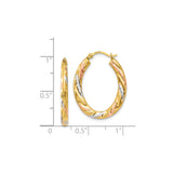 14k Tri-Color Gold Twisted Oval Hoop Earrings with Polished Finish for Women