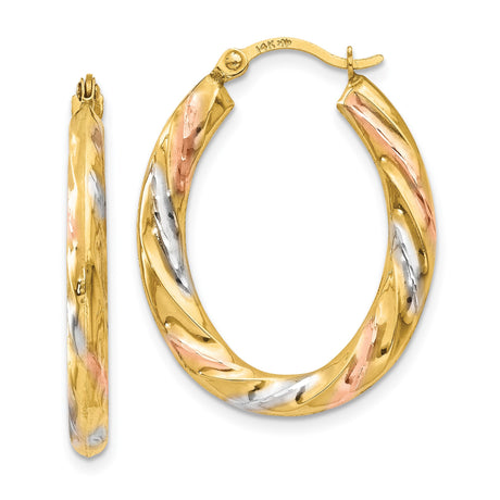 14k Tri-Color Gold Twisted Oval Hoop Earrings with Polished Finish for Women