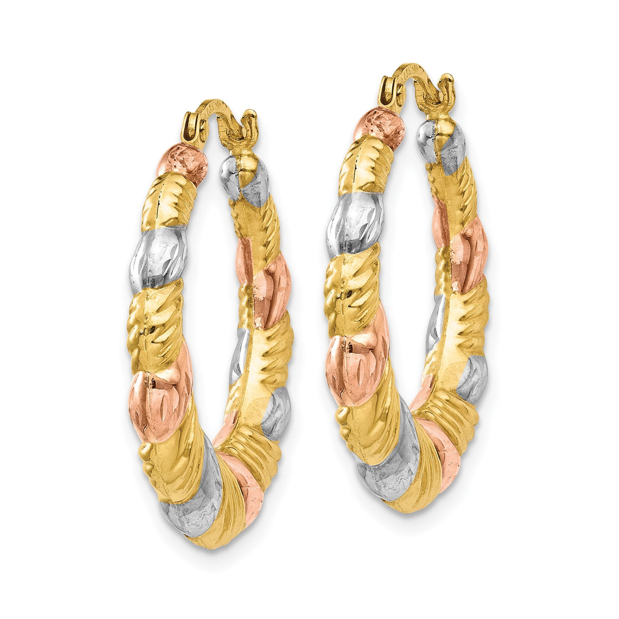 14k Tri-Color Gold Hoop Earrings, Twisted Textured Scalloped Design for Women