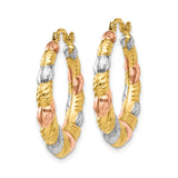 14k Tri-Color Gold Hoop Earrings, Twisted Textured Scalloped Design for Women