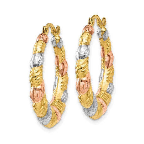 14k Tri-Color Gold Hoop Earrings, Twisted Textured Scalloped Design for Women