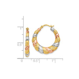 14k Tri-Color Gold Hoop Earrings, Twisted Textured Scalloped Design for Women