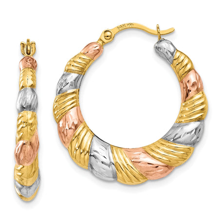 14k Tri-Color Gold Hoop Earrings, Twisted Textured Scalloped Design for Women