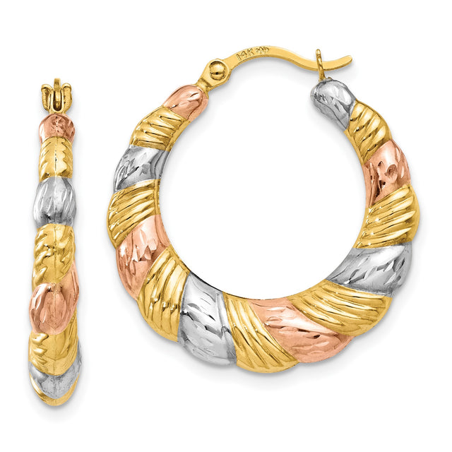 14k Tri-Color Gold Hoop Earrings, Twisted Textured Scalloped Design for Women