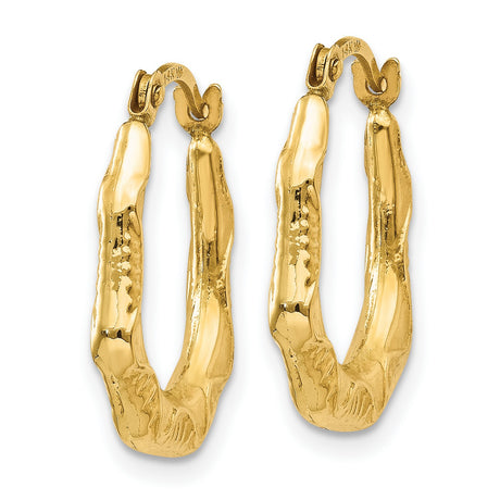 14k Yellow Gold Hoop Earrings, Hollow Textured Oval Design, Lightweight Modern Style for Women