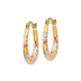 14k Tri-Tone Gold Oval Hoop Earrings with Textured Diamond-Cut Design for Women
