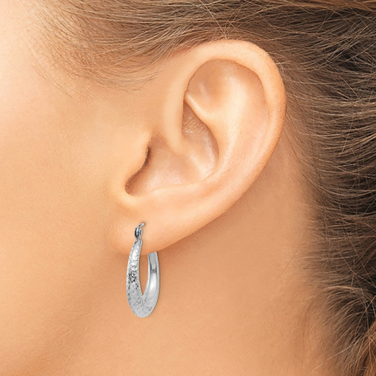 14k White Gold Hoop Earrings with Textured Diamond Cut Design and Latch Back Closure