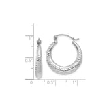 14k White Gold Hoop Earrings with Textured Diamond Cut Design and Latch Back Closure