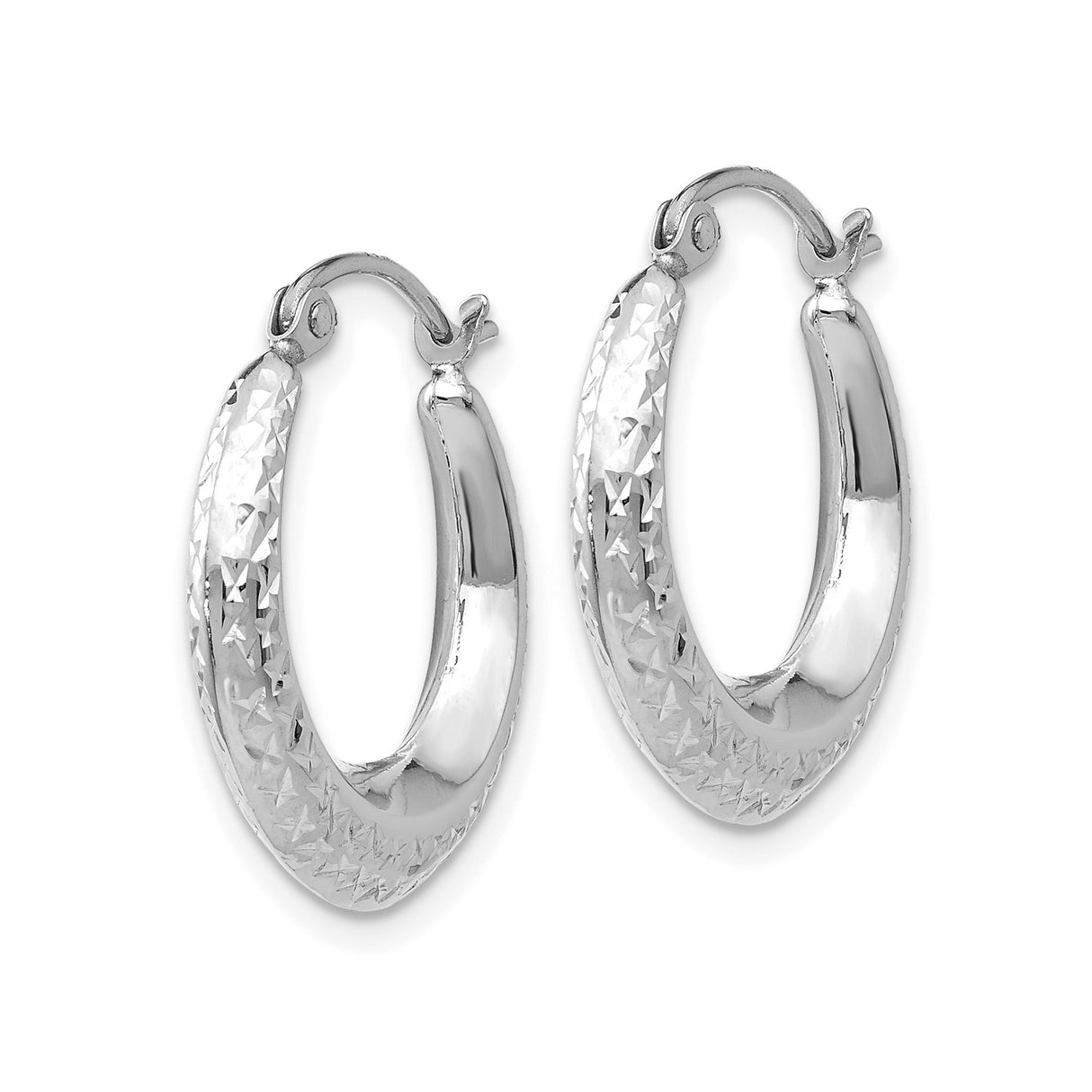 14k White Gold Hoop Earrings with Diamond-Cut Starburst Design and Textured Polished Finish