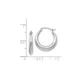 14k White Gold Hoop Earrings with Diamond-Cut Starburst Design and Textured Polished Finish