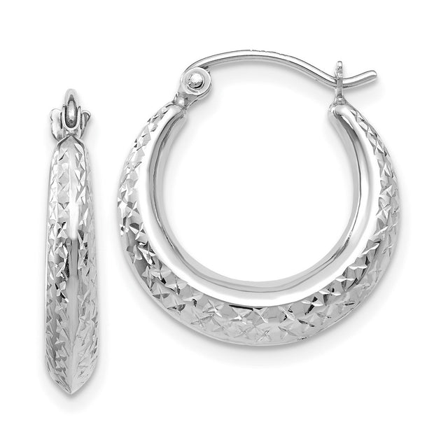 14k White Gold Hoop Earrings with Diamond-Cut Starburst Design and Textured Polished Finish