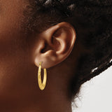 14k Yellow Gold Hoop Earrings, Oval Shape with Matte Finish and Polished Leaf Etching