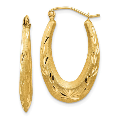 14k Yellow Gold Hoop Earrings, Oval Shape with Matte Finish and Polished Leaf Etching