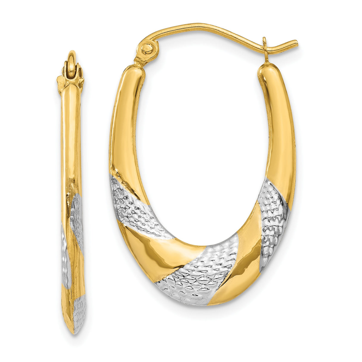 14k Yellow Gold Oval Hoop Earrings with Twisted Design and Rhodium Accents for Women