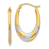 14k Yellow Gold Oval Hoop Earrings with Twisted Design and Rhodium Accents for Women