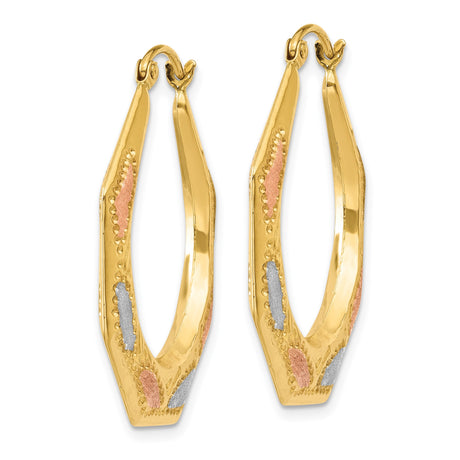 14k Yellow Gold Hoop Earrings, Tri-Color Octagon with Textured Rose and White Accents