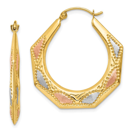 14k Yellow Gold Hoop Earrings, Tri-Color Octagon with Textured Rose and White Accents