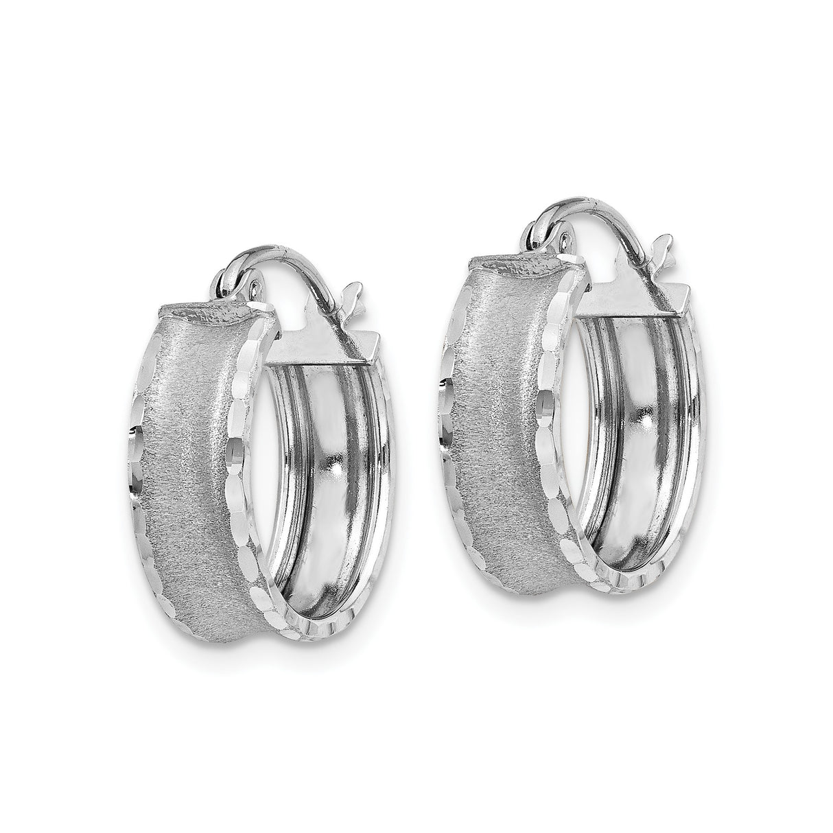 14k White Gold Hoop Earrings with Textured Matte Finish and Diamond Cut Edges