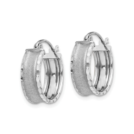 14k White Gold Hoop Earrings with Textured Matte Finish and Diamond Cut Edges