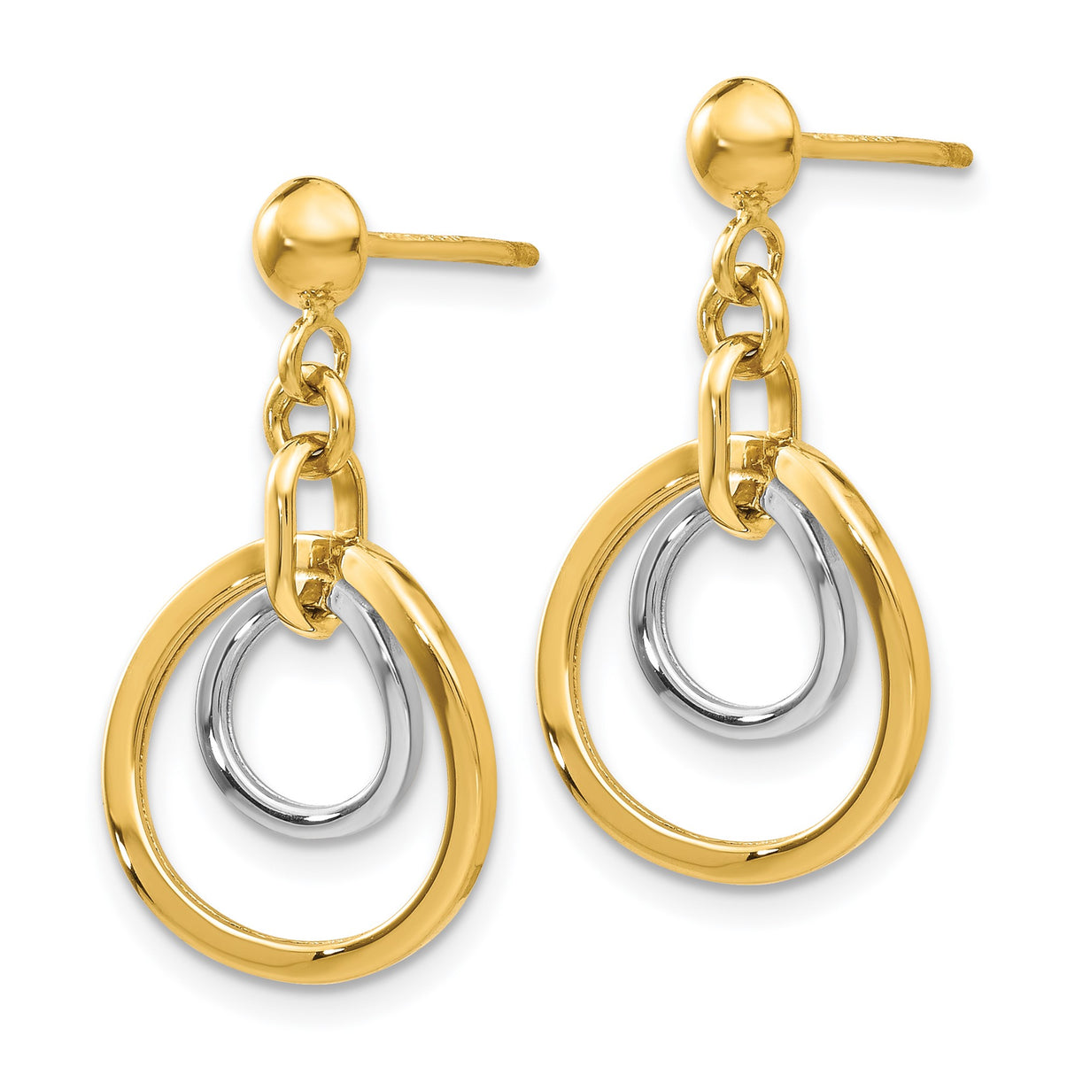 14k Yellow Gold Dangle Earrings, Two-Tone Interlocking Loops, Modern Geometric Design