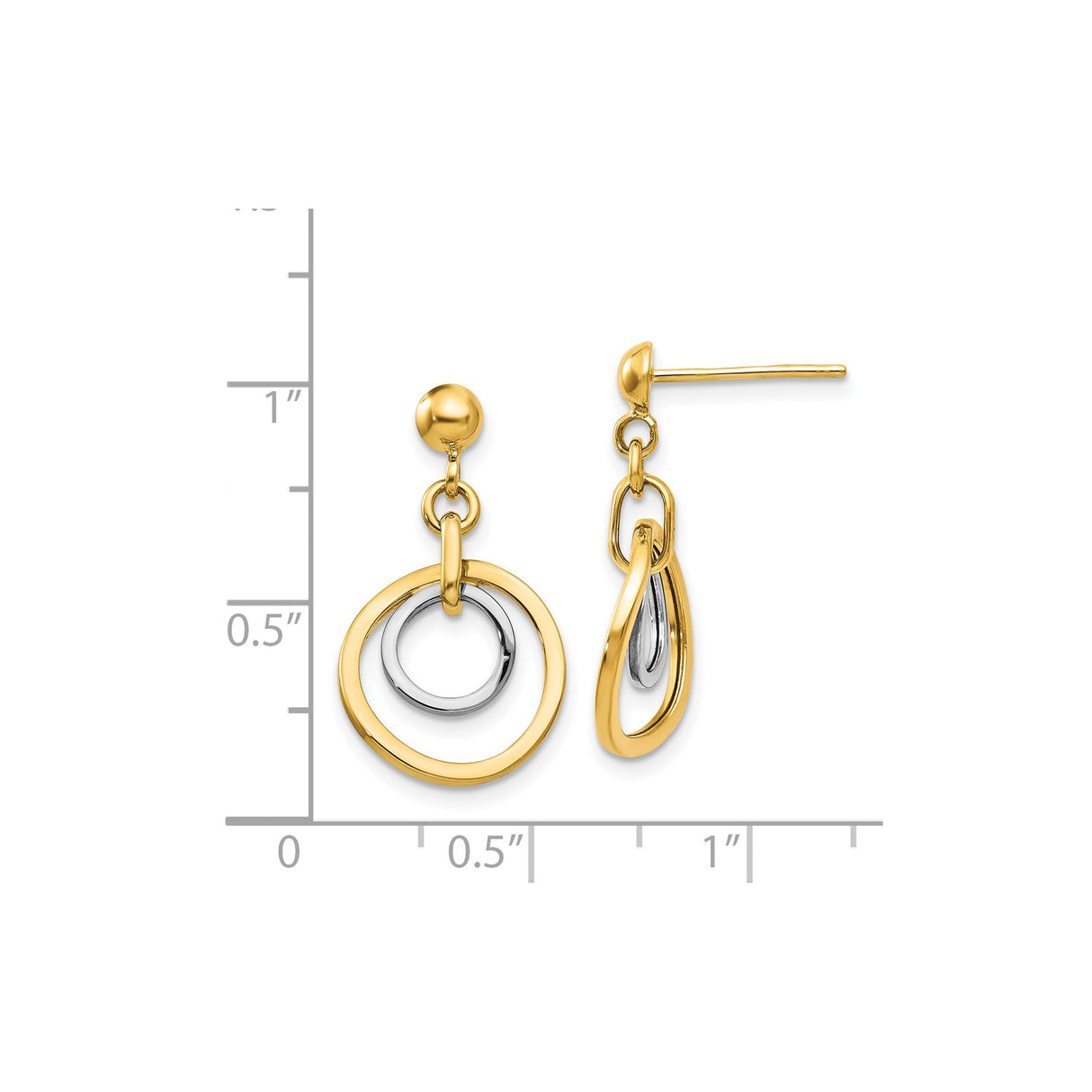 14k Yellow Gold Dangle Earrings, Two-Tone Interlocking Loops, Modern Geometric Design