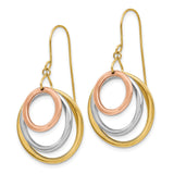 14k Tri Color Gold Dangle Earrings with Interlocking Circles, Modern Hoop Design for Women