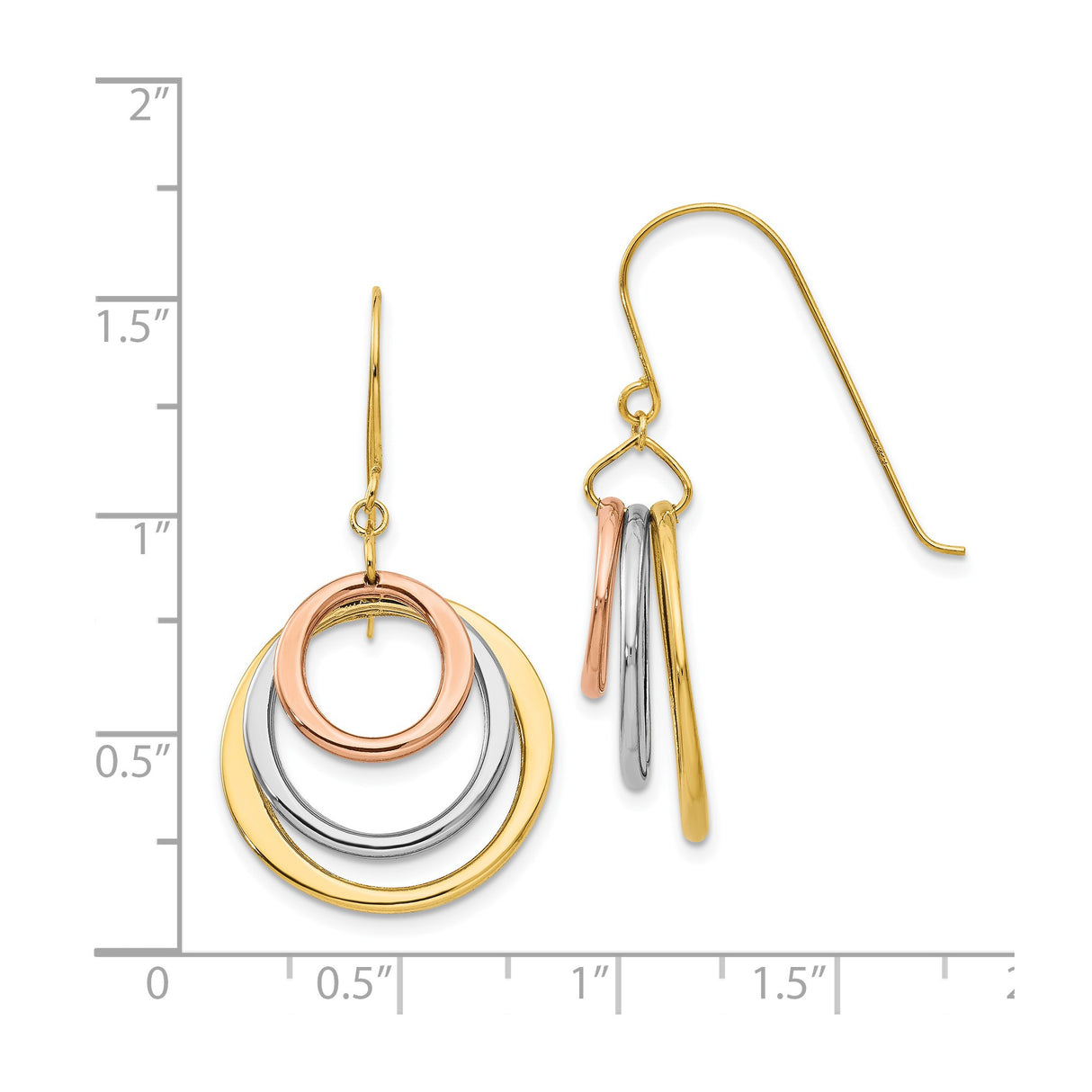 14k Tri Color Gold Dangle Earrings with Interlocking Circles, Modern Hoop Design for Women