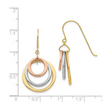 14k Tri Color Gold Dangle Earrings with Interlocking Circles, Modern Hoop Design for Women