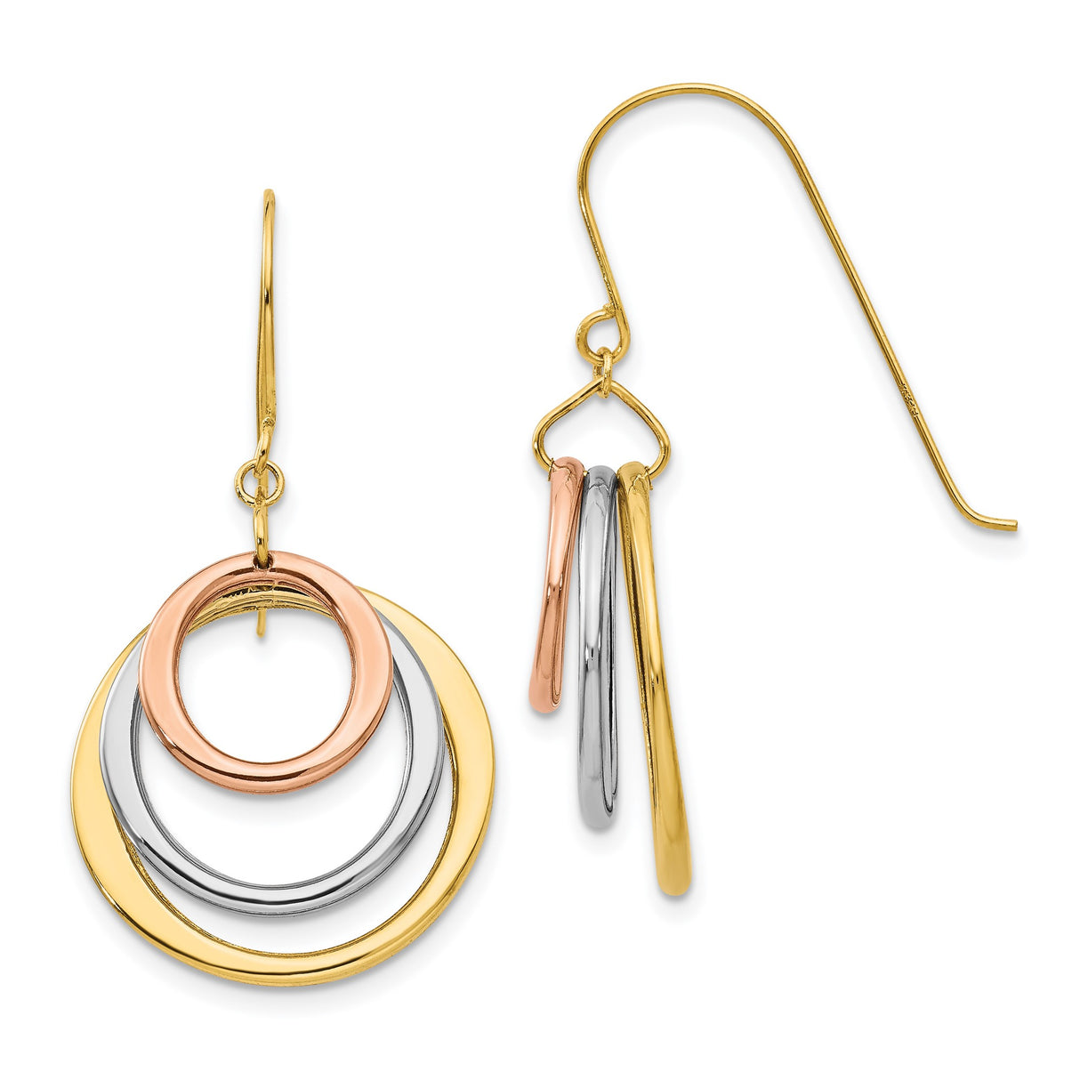 14k Tri Color Gold Dangle Earrings with Interlocking Circles, Modern Hoop Design for Women