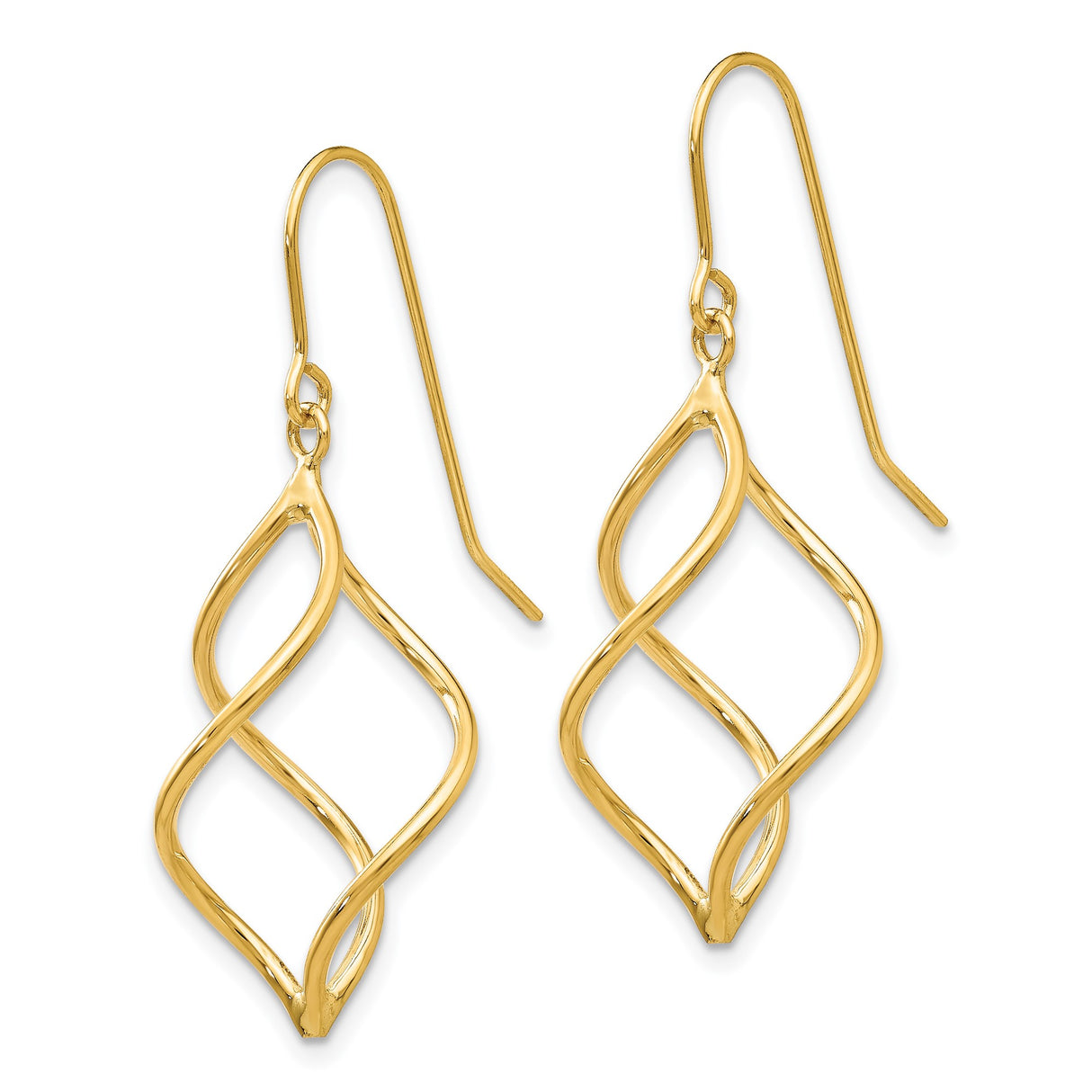 14k Yellow Gold Dangle Earrings with Twisted Teardrop Shape and Sculptural Open Design