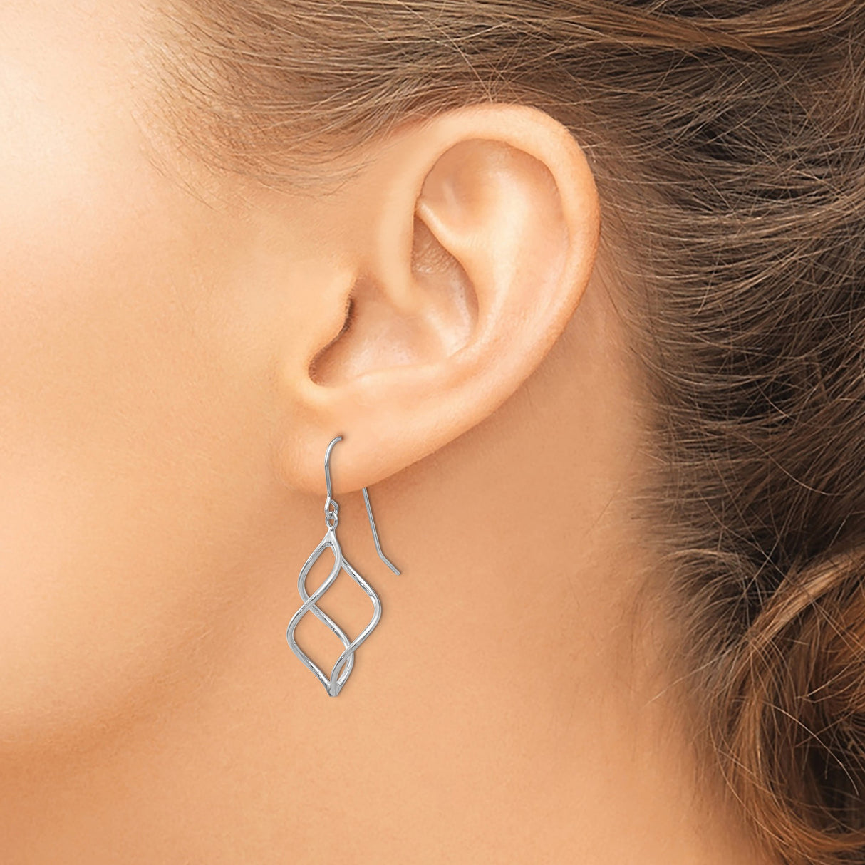14k White Gold Dangle Earrings with Twisted Teardrop Spiral Design, Polished Modern Style