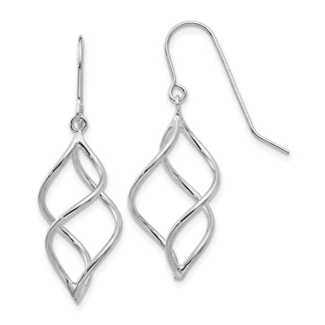 14k White Gold Dangle Earrings with Twisted Teardrop Spiral Design, Polished Modern Style