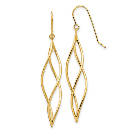 14k Yellow Gold Dangle Earrings, Open Marquise Twist Design, Sculptural Modern Style