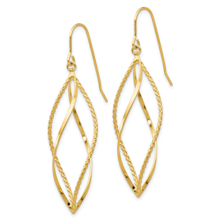 14k Yellow Gold Dangle Earrings with Twisted Marquise Design, Polished Textured Finish