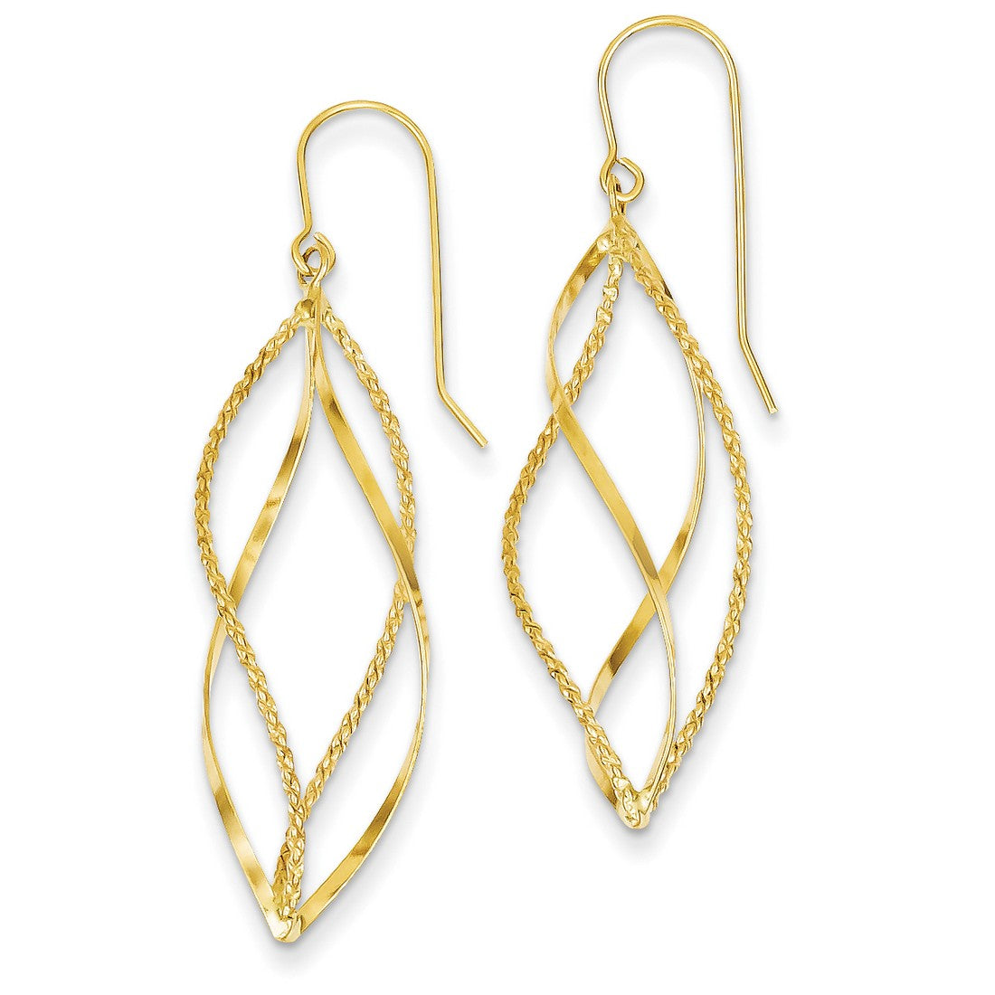14k Yellow Gold Dangle Earrings with Twisted Marquise Design, Polished Textured Finish