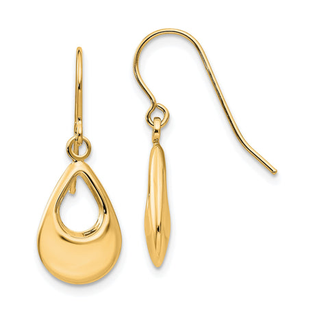 14k Yellow Gold Drop Earrings, Open Teardrop Shape, High Polish, Modern Minimalist Design
