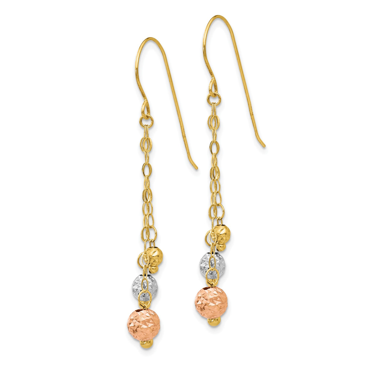 14k Tri-Color Gold Dangle Earrings with Yellow, White, and Rose Diamond Cut Beads