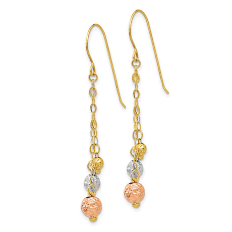 14k Tri-Color Gold Dangle Earrings with Yellow, White, and Rose Diamond Cut Beads