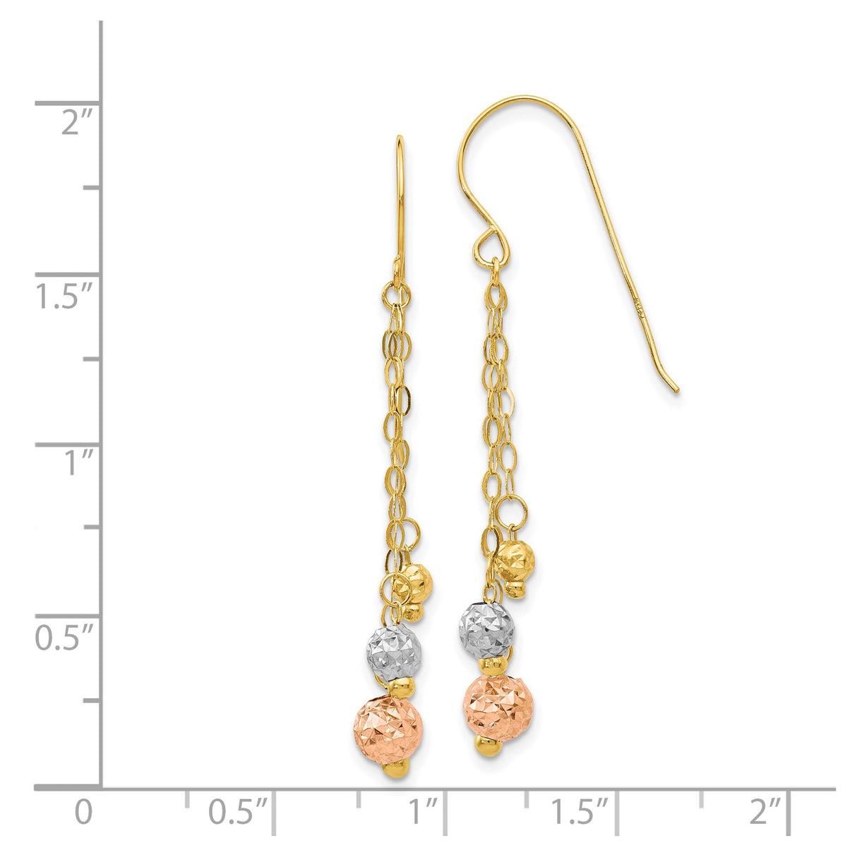 14k Tri-Color Gold Dangle Earrings with Yellow, White, and Rose Diamond Cut Beads