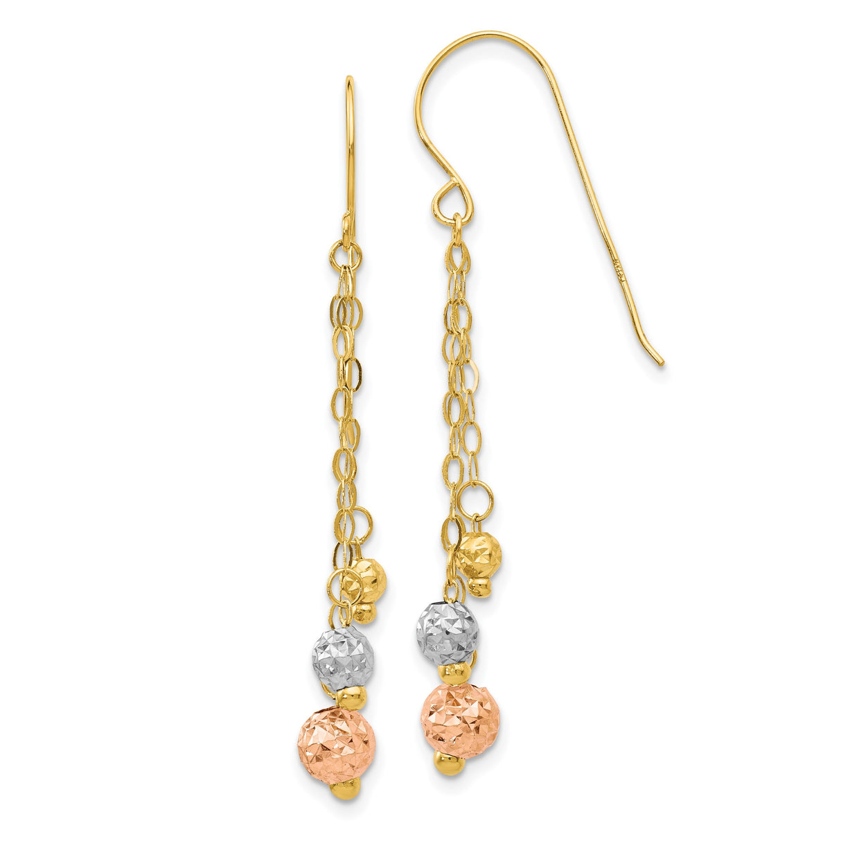 14k Tri-Color Gold Dangle Earrings with Yellow, White, and Rose Diamond Cut Beads