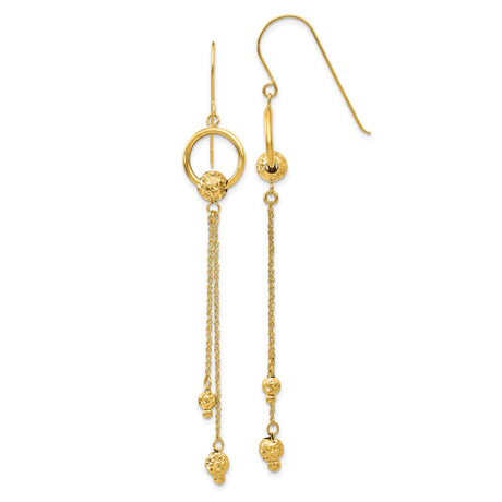 14k Yellow Gold Dangle Earrings with Textured Drop Beads and Chain Link Circles