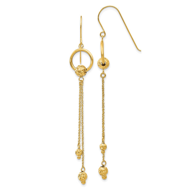 14k Yellow Gold Dangle Earrings with Textured Drop Beads and Chain Link Circles