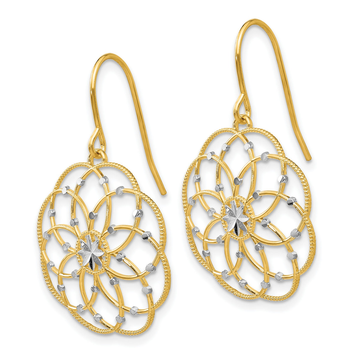 14k Yellow Gold Dangle Earrings, Mandala Starburst with Floral Openwork, Boho Filigree Design