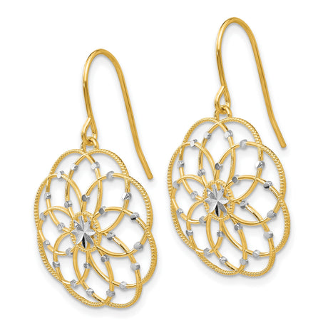 14k Yellow Gold Dangle Earrings, Mandala Starburst with Floral Openwork, Boho Filigree Design